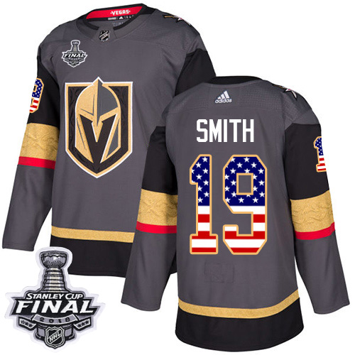 Adidas Golden Knights #19 Reilly Smith Grey Home Authentic USA Flag 2018 Stanley Cup Final Stitched NHL Jersey